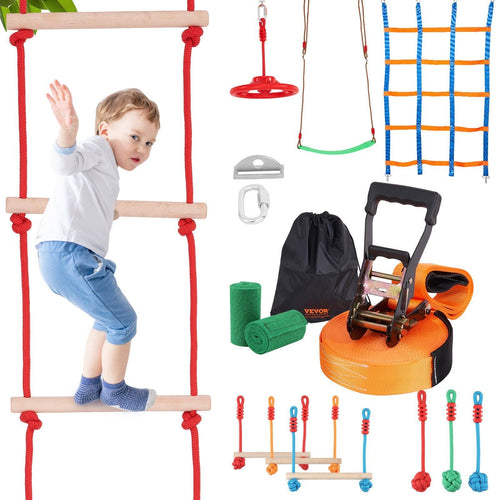 VEVOR Ninja Warrior Obstacle Course for Kids, 50 ft Weatherproof Slacklines, 500lbs Weight Capacity Monkey Line, Outdoor Playset Equipment, Backyard Toys Training Equipment Set with 10 Obstacles