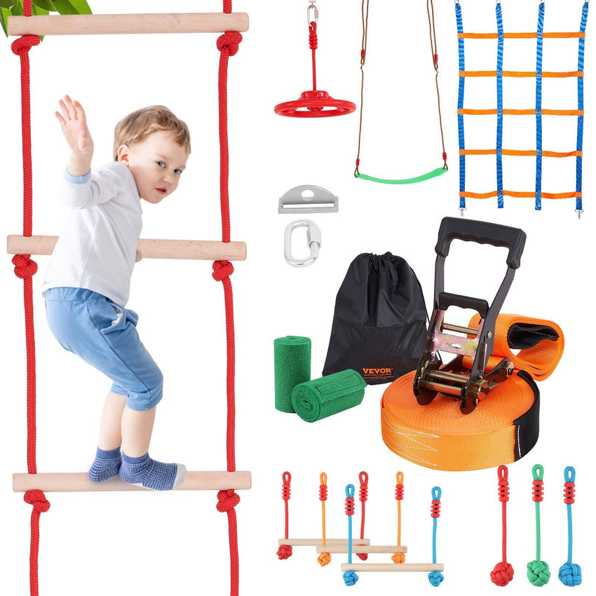 VEVOR Ninja Warrior Obstacle Course for Kids, 50 ft Weatherproof Slacklines, 500lbs Weight Capacity Monkey Line, Outdoor Playset Equipment, Backyard Toys Training Equipment Set with 10 Obstacles - 7DAY'S