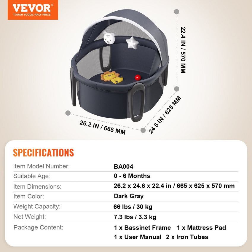 VEVOR Portable Baby Bassinet On - The - Go Folding Baby Dome with Canopy and Toys - 7DAY'S