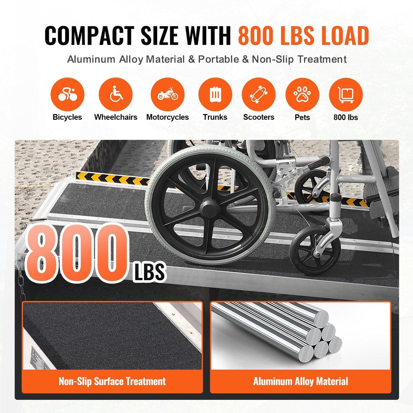 VEVOR Portable Wheelchair Ramp, 8 ft 800 lbs Capacity, Non - Slip Aluminum Folding Threshold Ramp, Foldable Mobility Scooter Ramp Wheel Chair Ramp, Handicap Ramp for Home Steps, Stairs, Doorways, Curbs - 7DAY'S
