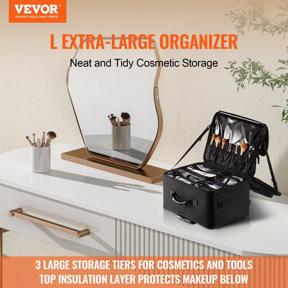 VEVOR Rolling Makeup Train Case Large Storage 3 Tiers, Convenient Carry With Handle, Wheels, Strap, Professional Makeup Storage Organizer Box Make Up Carrier Waterproof Oxford, Black - 7DAY'S