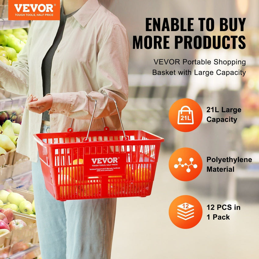 VEVOR Shopping Basket, Set of 12, 21L Durable Plastic Grocery Basket with Metal Handle and Stand, 16.73 x 12.01 x 8.58 inch Portable Shop Basket Used for Retail Store Supermarket Grocery Shopping, Red - 7DAY'S