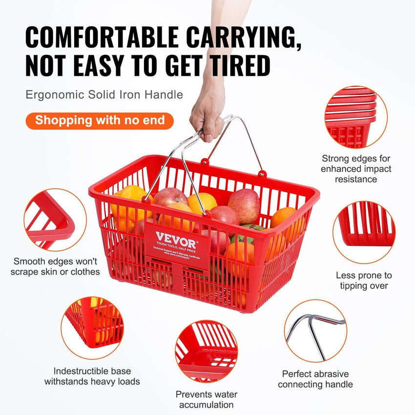 VEVOR Shopping Basket, Set of 12, 21L Durable Plastic Grocery Basket with Metal Handle and Stand, 16.73 x 12.01 x 8.58 inch Portable Shop Basket Used for Retail Store Supermarket Grocery Shopping, Red - 7DAY'S