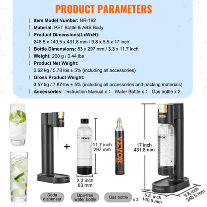 VEVOR Sparkling Water Maker, Soda Maker Machine for Home Carbonating, Seltzer Water Starter Kit with BPA - free 1L PET Bottle, 2 CO2 Cylinders, Compatible with Mainstream Screw - in 60L CO2 Cylinder - 7DAY'S