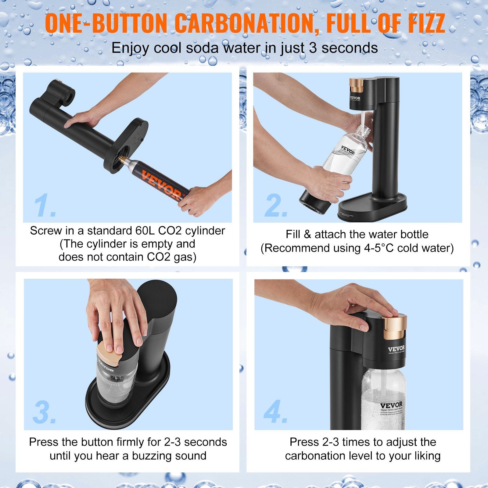 VEVOR Sparkling Water Maker, Soda Maker Machine for Home Carbonating, Seltzer Water Starter Kit with BPA - free 1L PET Bottle, 2 CO2 Cylinders, Compatible with Mainstream Screw - in 60L CO2 Cylinder - 7DAY'S