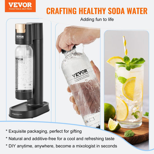 VEVOR Sparkling Water Maker, Soda Maker Machine for Home Carbonating, Seltzer Water Starter Kit with BPA - free 1L PET Bottle, 2 CO2 Cylinders, Compatible with Mainstream Screw - in 60L CO2 Cylinder - 7DAY'S