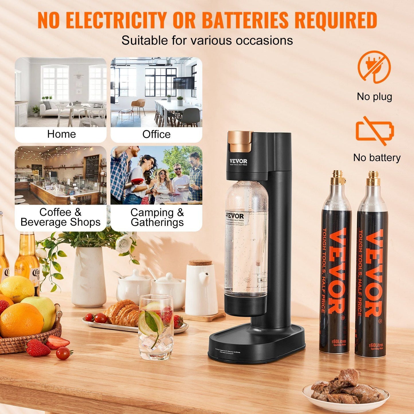 VEVOR Sparkling Water Maker, Soda Maker Machine for Home Carbonating, Seltzer Water Starter Kit with BPA - free 1L PET Bottle, 2 CO2 Cylinders, Compatible with Mainstream Screw - in 60L CO2 Cylinder - 7DAY'S