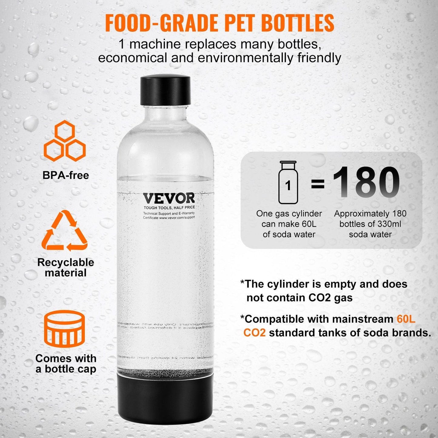 VEVOR Sparkling Water Maker, Soda Maker Machine for Home Carbonating, Seltzer Water Starter Kit with BPA - free 1L PET Bottle, 2 CO2 Cylinders, Compatible with Mainstream Screw - in 60L CO2 Cylinder - 7DAY'S