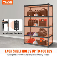 VEVOR Storage Shelving Unit, 5 - Tier Adjustable, 2000 lbs Capacity, Heavy Duty Garage Shelves Metal Organizer Utility Rack, Black, 48" L x 24" W x 72" H for Kitchen Pantry Basement Bathroom Laundry - 7DAY'S