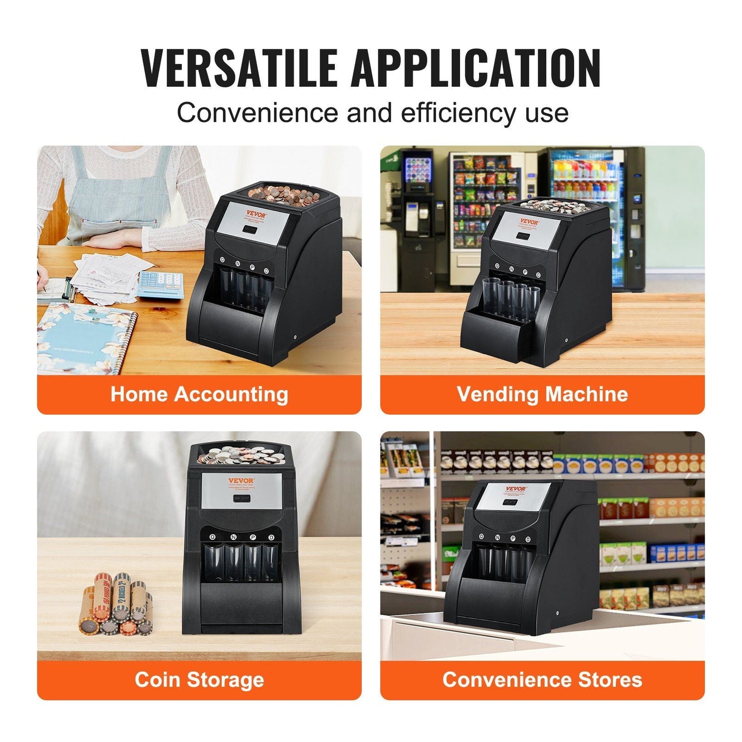 VEVOR USD Coin Sorter, Coin Sorter Machine for USD Coin 1¢ 5¢ 10¢ 25¢, Sorts up to 230 Coins/min, Coin Sorter and Wrapper Machine Holds 200 Coins Included 4 Coin Tubes, Black - 7DAY'S