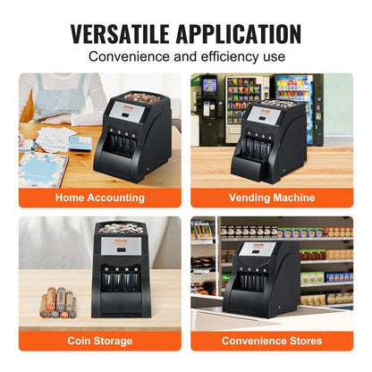 VEVOR USD Coin Sorter, Coin Sorter Machine for USD Coin 1¢ 5¢ 10¢ 25¢, Sorts up to 230 Coins/min, Coin Sorter and Wrapper Machine Holds 200 Coins Included 4 Coin Tubes, Black - 7DAY'S