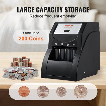 VEVOR USD Coin Sorter, Coin Sorter Machine for USD Coin 1¢ 5¢ 10¢ 25¢, Sorts up to 230 Coins/min, Coin Sorter and Wrapper Machine Holds 200 Coins Included 4 Coin Tubes, Black - 7DAY'S
