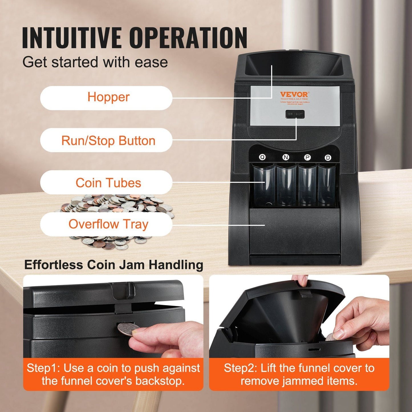 VEVOR USD Coin Sorter, Coin Sorter Machine for USD Coin 1¢ 5¢ 10¢ 25¢, Sorts up to 230 Coins/min, Coin Sorter and Wrapper Machine Holds 200 Coins Included 4 Coin Tubes, Black - 7DAY'S