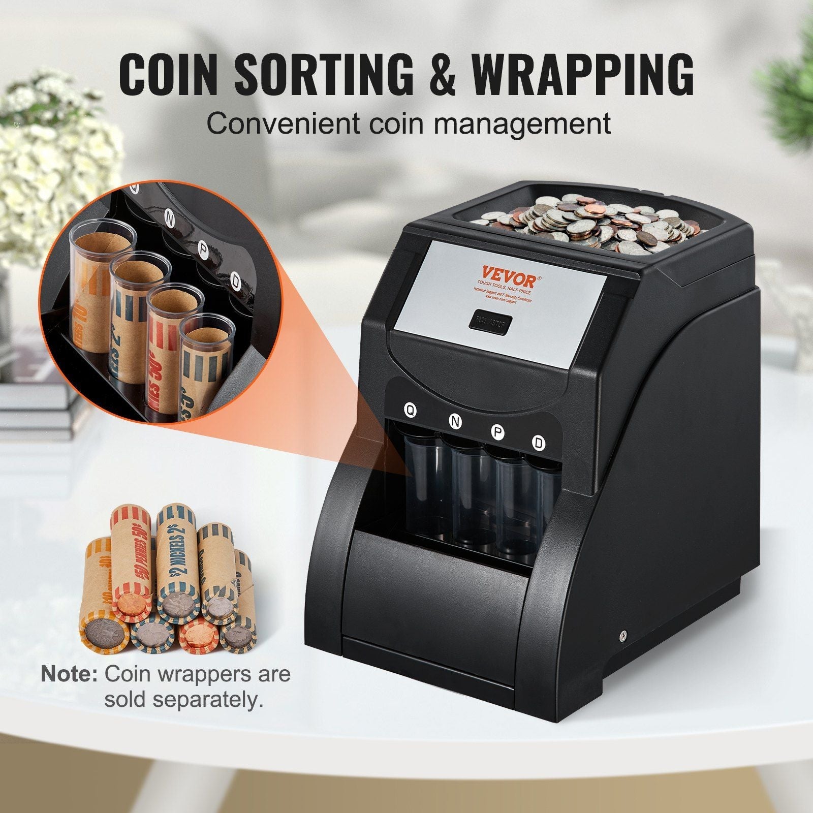 VEVOR USD Coin Sorter, Coin Sorter Machine for USD Coin 1¢ 5¢ 10¢ 25¢, Sorts up to 230 Coins/min, Coin Sorter and Wrapper Machine Holds 200 Coins Included 4 Coin Tubes, Black - 7DAY'S