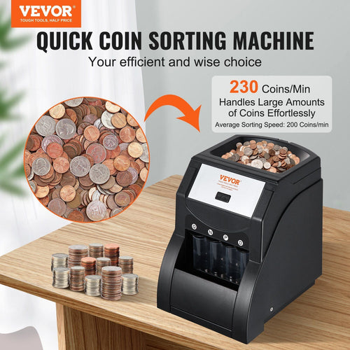 VEVOR USD Coin Sorter, Coin Sorter Machine for USD Coin 1¢ 5¢ 10¢ 25¢, Sorts up to 230 Coins/min, Coin Sorter and Wrapper Machine Holds 200 Coins Included 4 Coin Tubes, Black - 7DAY'S