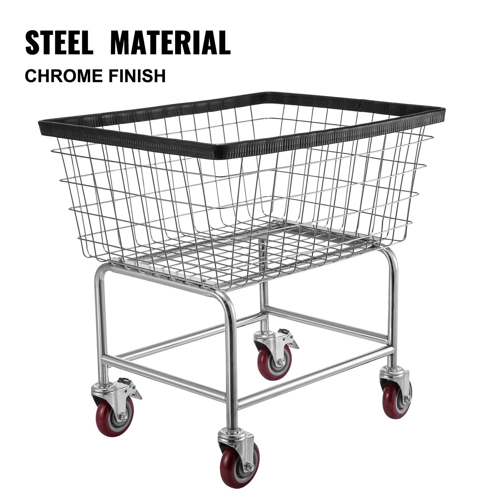 VEVOR Wire Laundry Cart, 2.5 Bushel Wire Laundry Basket with Wheels, 21''x27''x27.5'' Commercial Wire Laundry Basket Cart, Steel Frame with Chrome Finish, 4inch Casters, Wire Basket Cart For Laundry - 7DAY'S