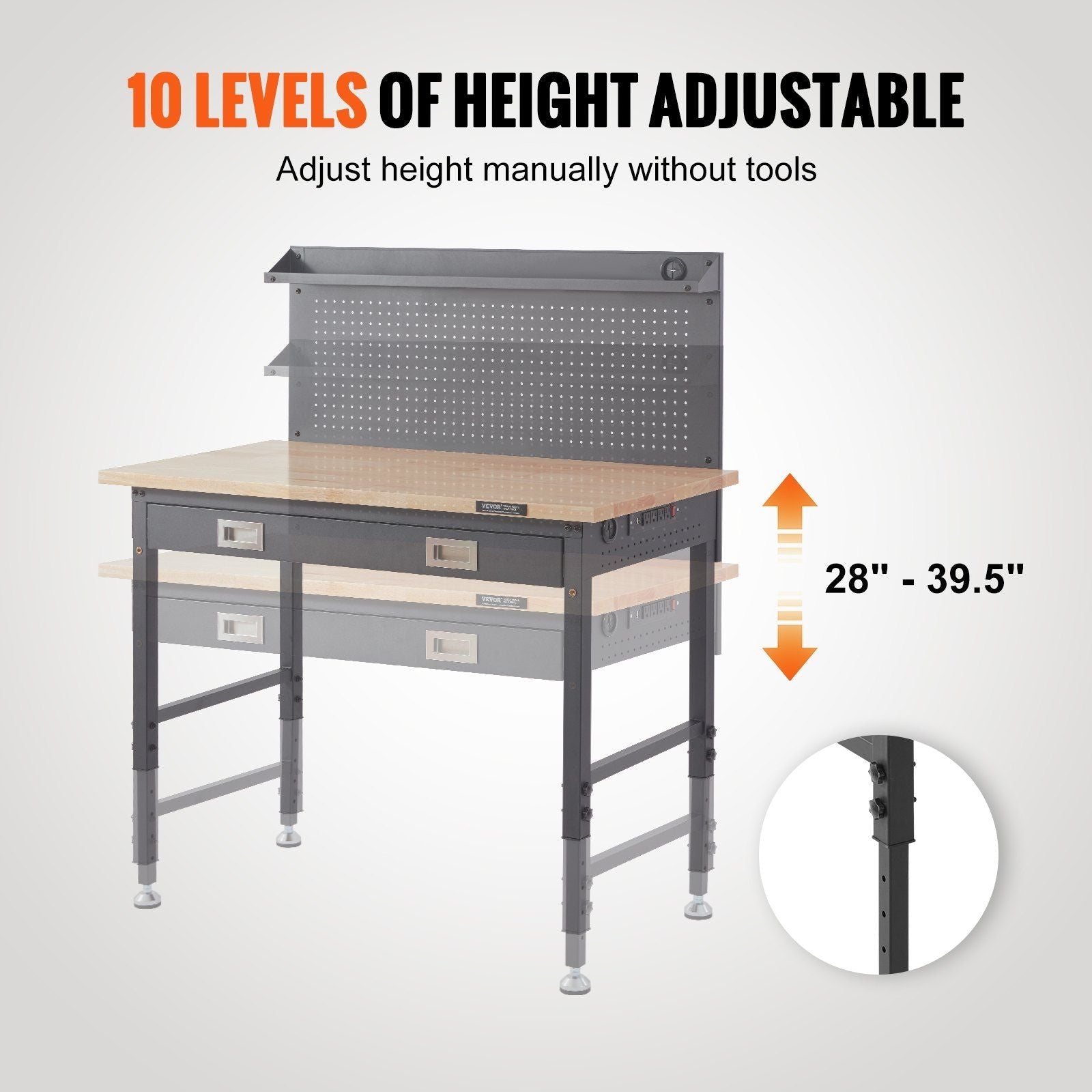 VEVOR Workbench Adjustable Height 28 - 39.5" Work Bench For Garage Oak Plank & Carbon Steel Heavy Duty Workbench 2000lbs Weight Capacity Bench top Size 48x24" Hardwood Workbench 3m Cable 30 Hooks - 7DAY'S