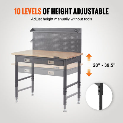 VEVOR Workbench Adjustable Height 28 - 39.5" Work Bench For Garage Oak Plank & Carbon Steel Heavy Duty Workbench 2000lbs Weight Capacity Bench top Size 48x24" Hardwood Workbench 3m Cable 30 Hooks - 7DAY'S
