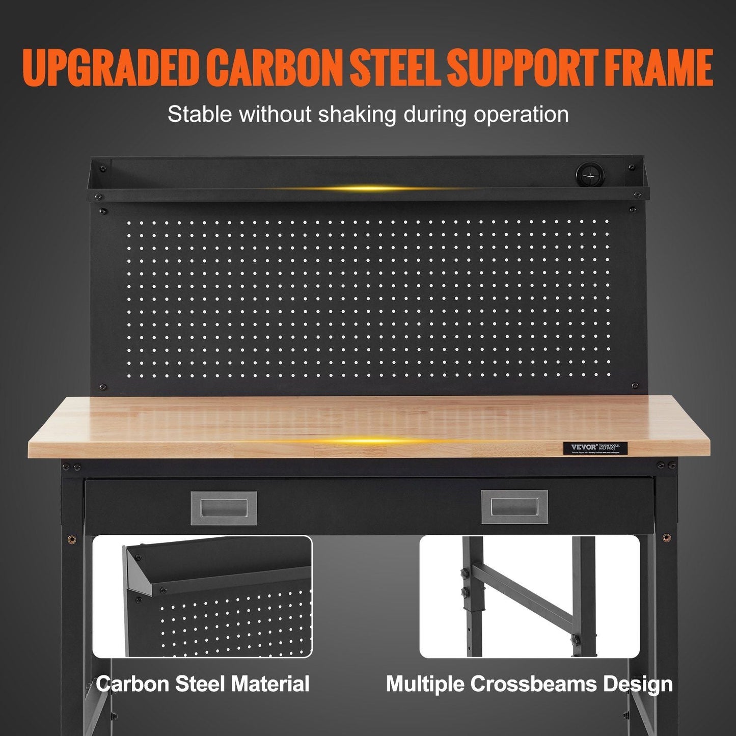VEVOR Workbench Adjustable Height 28 - 39.5" Work Bench For Garage Oak Plank & Carbon Steel Heavy Duty Workbench 2000lbs Weight Capacity Bench top Size 48x24" Hardwood Workbench 3m Cable 30 Hooks - 7DAY'S