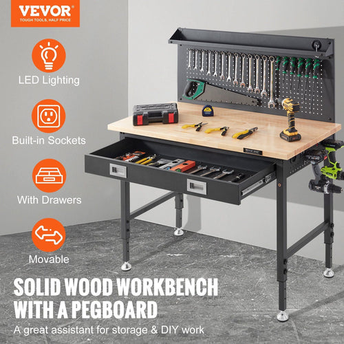 VEVOR Workbench Adjustable Height 28 - 39.5" Work Bench For Garage Oak Plank & Carbon Steel Heavy Duty Workbench 2000lbs Weight Capacity Bench top Size 48x24" Hardwood Workbench 3m Cable 30 Hooks - 7DAY'S