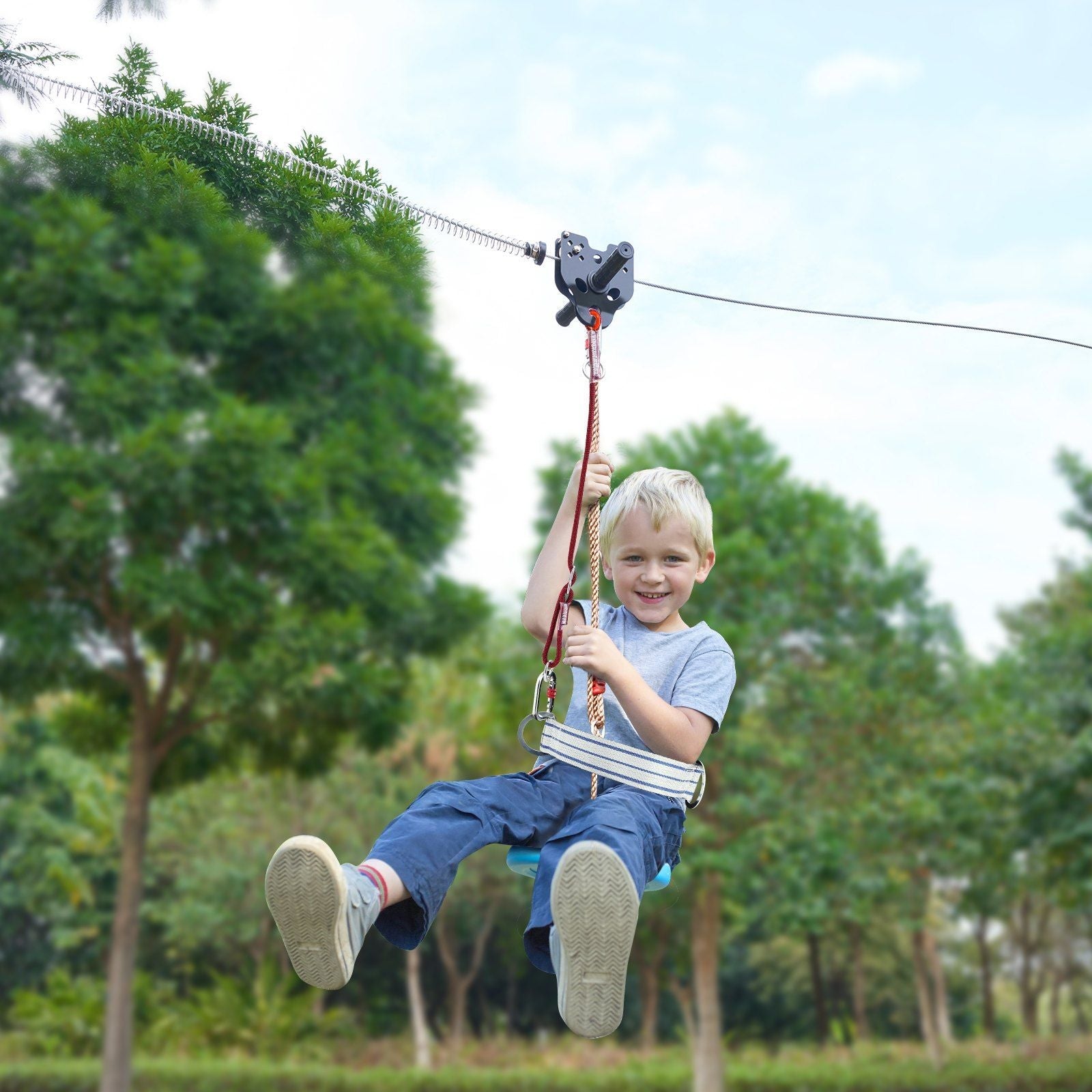 VEVOR Zipline Kit for Kids and Adult, 60 ft Zip Line Kits Up to 500 lb, Backyard Outdoor Quick Setup Zipline, Playground Entertainment with Stainless Steel Zipline, Spring Brake, Safety Harness, Seat - 7DAY'S