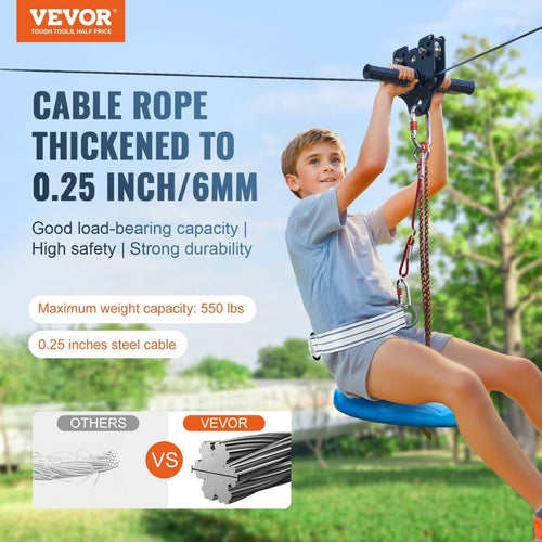 VEVOR Zipline Kit for Kids and Adult, 60 ft Zip Line Kits Up to 500 lb, Backyard Outdoor Quick Setup Zipline, Playground Entertainment with Stainless Steel Zipline, Spring Brake, Safety Harness, Seat - 7DAY'S