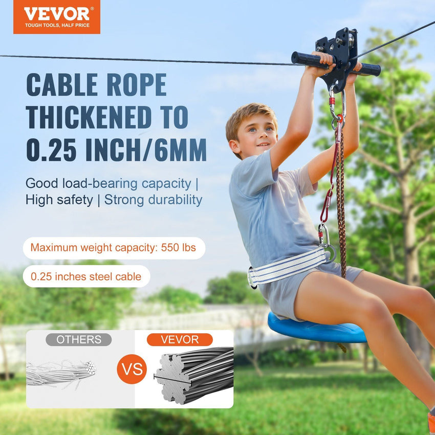 VEVOR Zipline Kit for Kids and Adult, 60 ft Zip Line Kits Up to 500 lb, Backyard Outdoor Quick Setup Zipline, Playground Entertainment with Stainless Steel Zipline, Spring Brake, Safety Harness, Seat - 7DAY'S