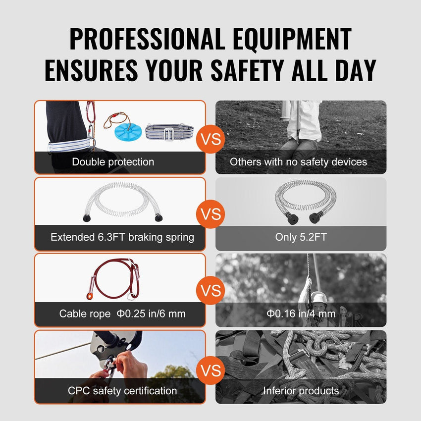 VEVOR Zipline Kit for Kids and Adult, 60 ft Zip Line Kits Up to 500 lb, Backyard Outdoor Quick Setup Zipline, Playground Entertainment with Stainless Steel Zipline, Spring Brake, Safety Harness, Seat - 7DAY'S