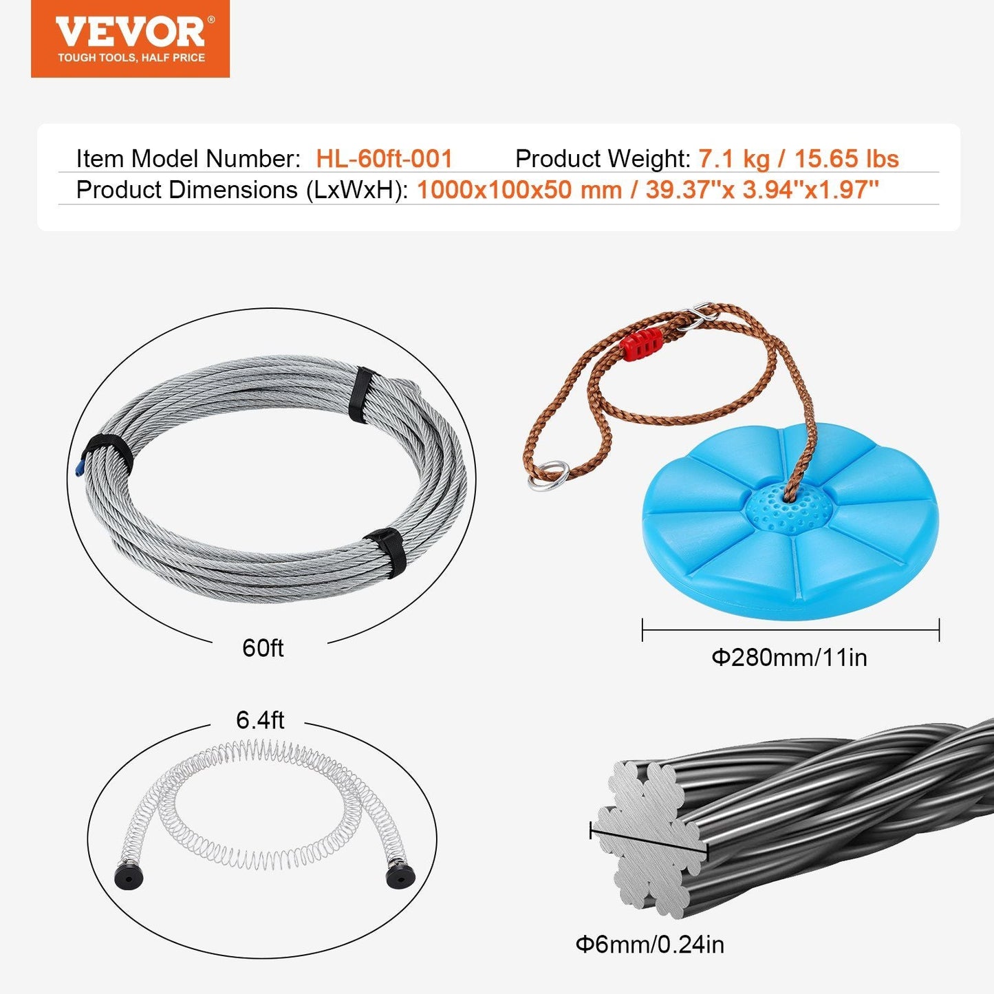 VEVOR Zipline Kit for Kids and Adult, 60 ft Zip Line Kits Up to 500 lb, Backyard Outdoor Quick Setup Zipline, Playground Entertainment with Stainless Steel Zipline, Spring Brake, Safety Harness, Seat - 7DAY'S