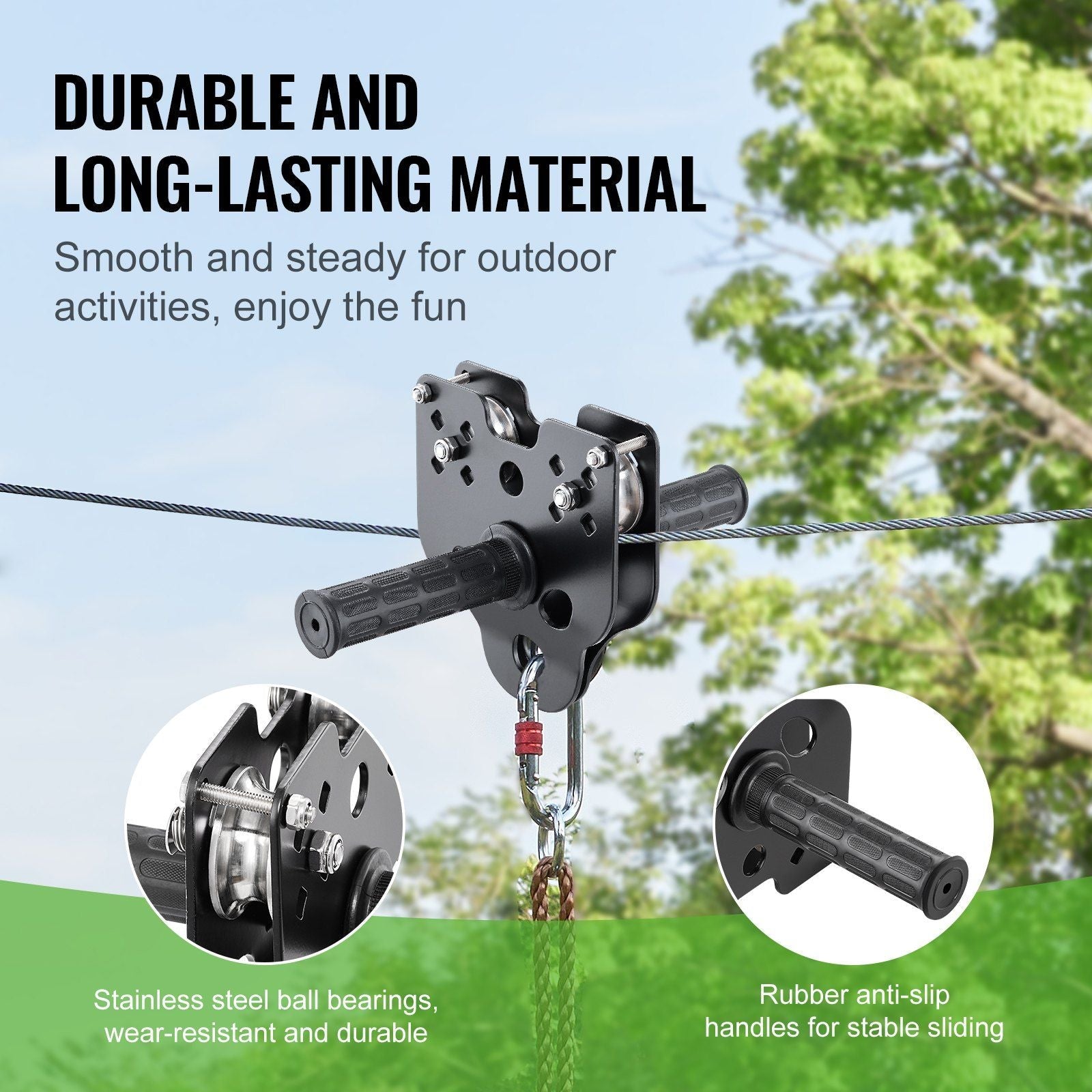 VEVOR Zipline Kit for Kids and Adult, 60 ft Zip Line Kits Up to 500 lb, Backyard Outdoor Quick Setup Zipline, Playground Entertainment with Stainless Steel Zipline, Spring Brake, Safety Harness, Seat - 7DAY'S
