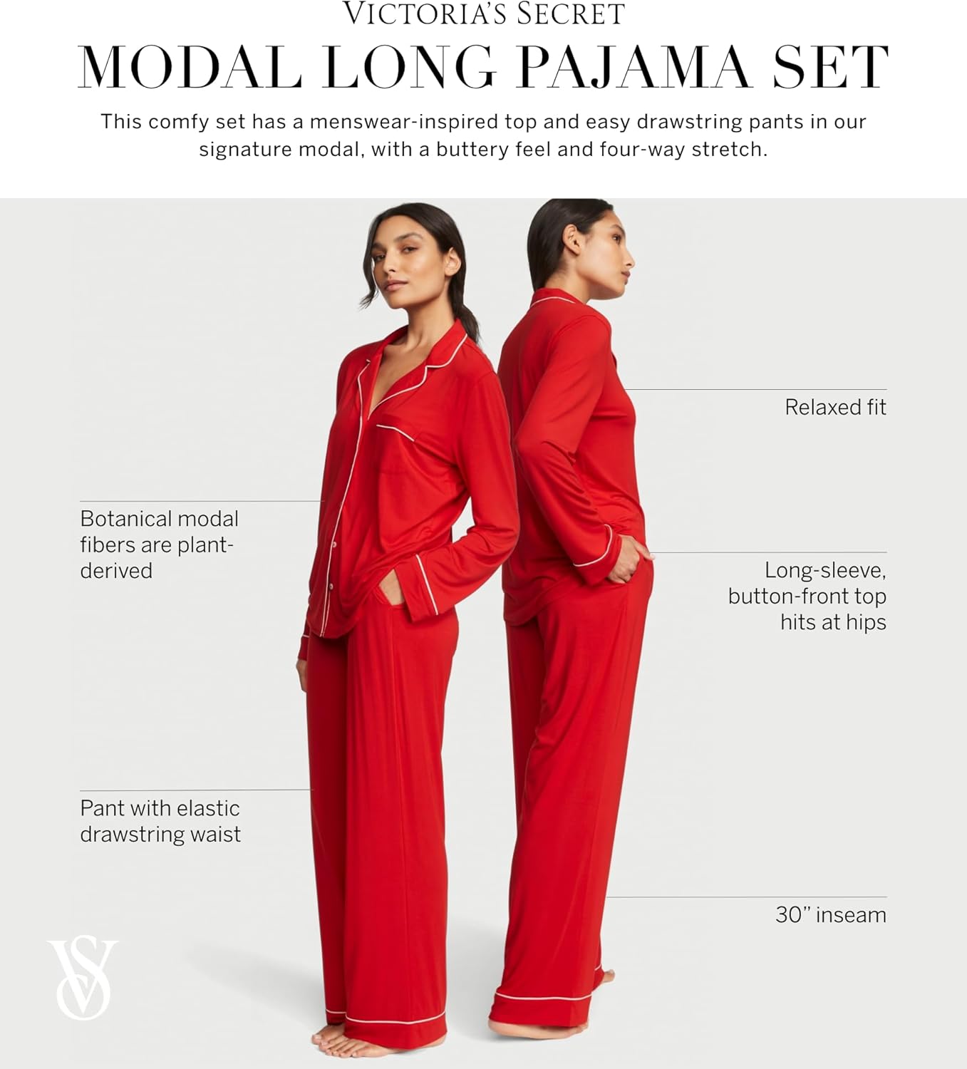Victoria's Secret Modal Pajama Set, Long Sleeve Shirt and Pants, Pajamas for Women, Lipstick Bow, M - 7DAY'S