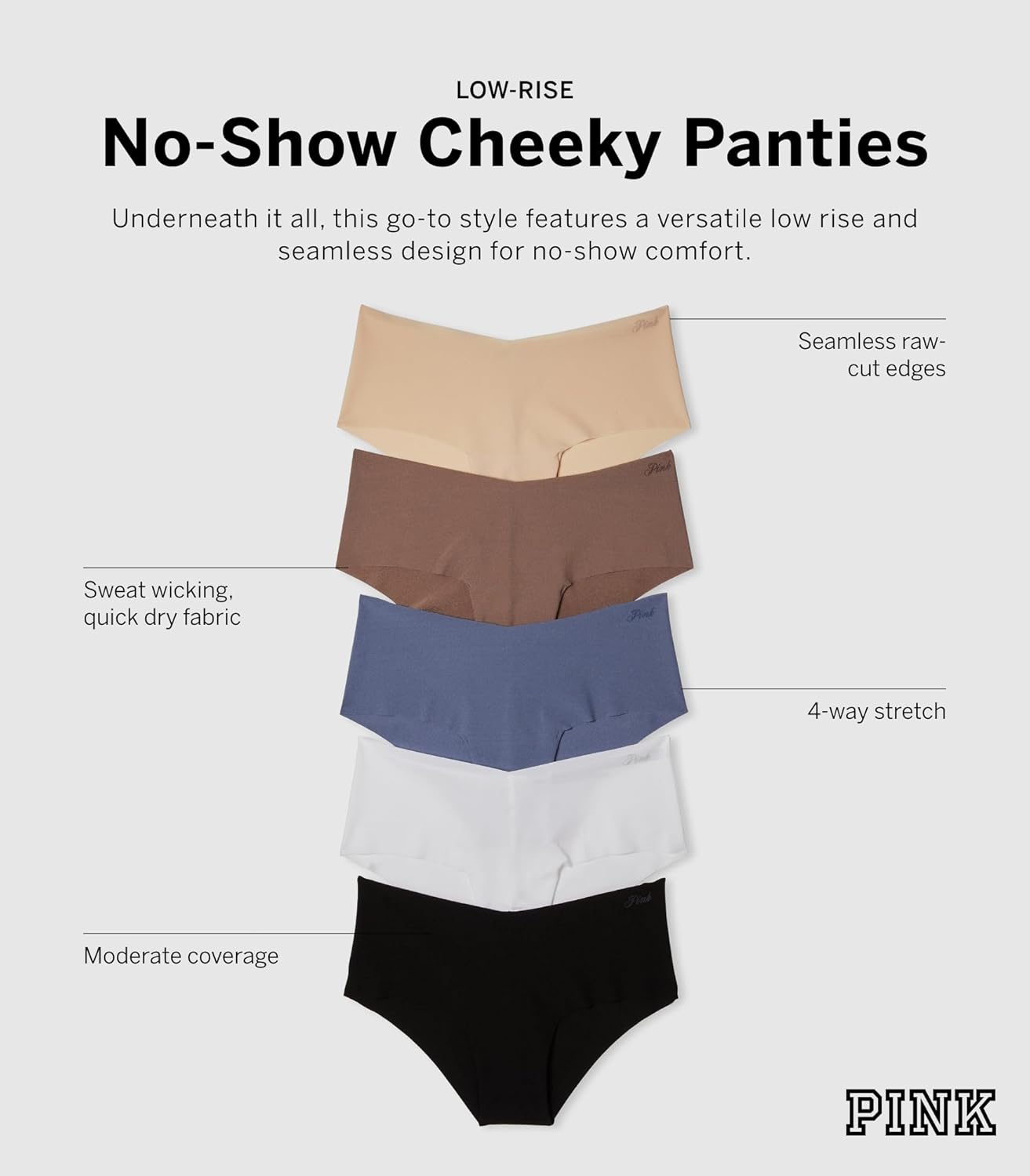 Victoria's Secret PINK Women's No Show Cheekster Underwear, Panties for Women, Spring Basic, (M) - 7DAY'S