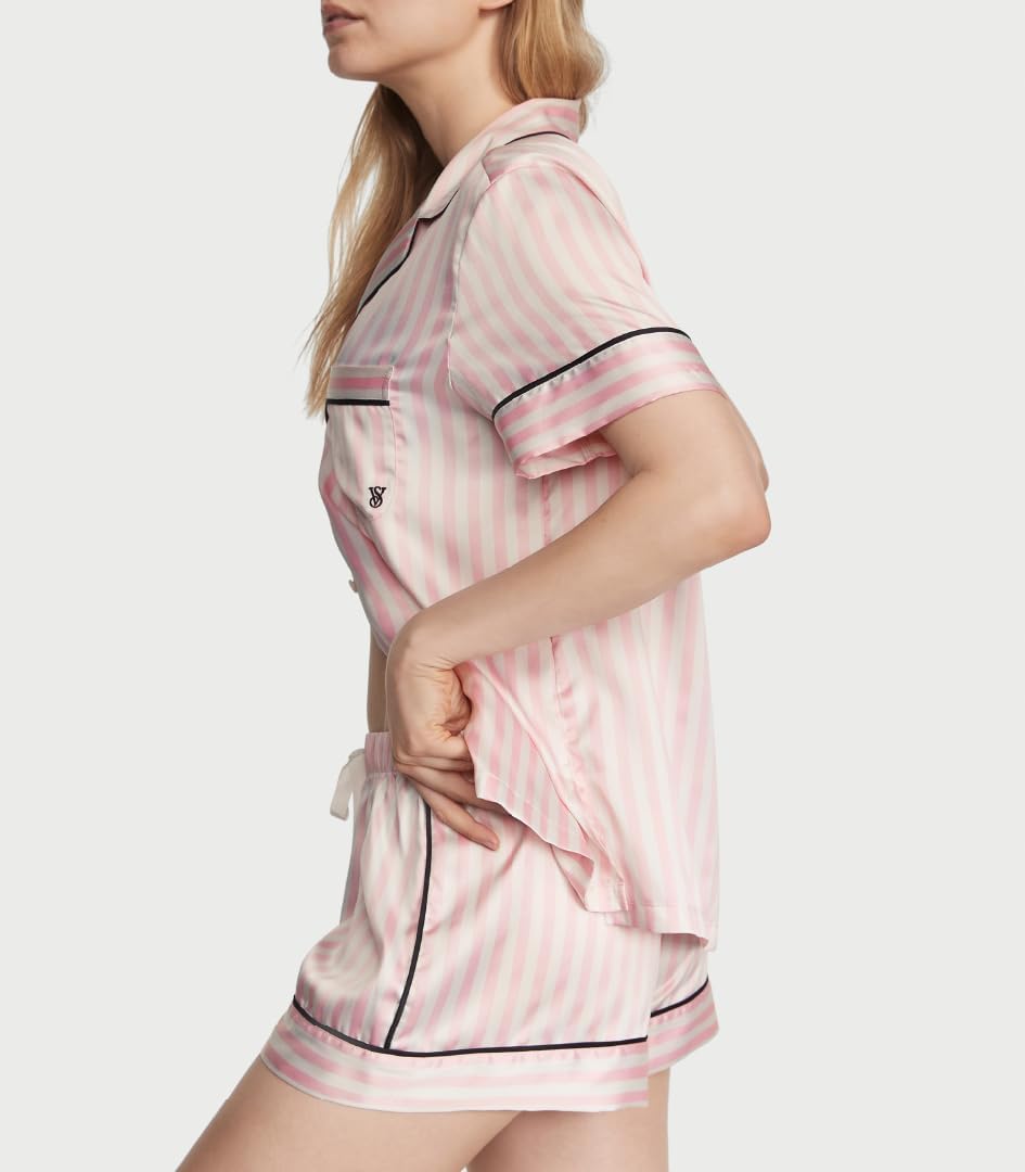 Victoria's Secret Satin Pajama Set, Short Sleeve Button Down Shirt & Shorts, Sleepwear for Women (XS - XXL) - 7DAY'S