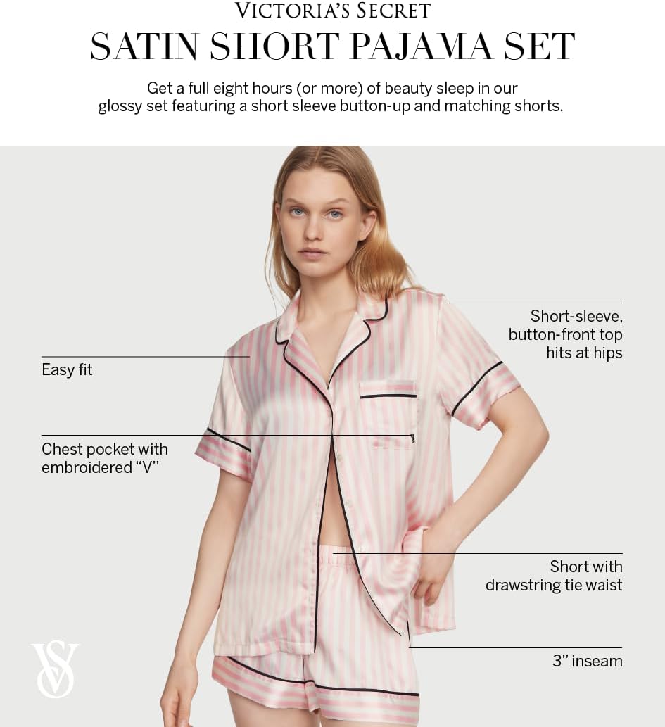 Victoria's Secret Satin Pajama Set, Short Sleeve Button Down Shirt & Shorts, Sleepwear for Women (XS - XXL) - 7DAY'S