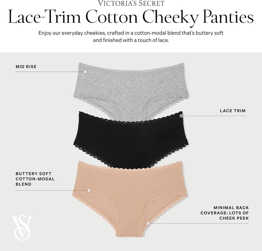 Victoria's Secret Women's Lace & Cotton Cheeky Underwear, Minimal Coverage Panties for Women, Multi Pack (XS - XXL) - 7DAY'S