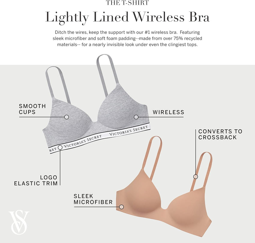Victoria's Secret Women's Lightly Lined Wireless T-Shirt Bra, Bras for Women (32A - 38DDD) - 7DAY'S