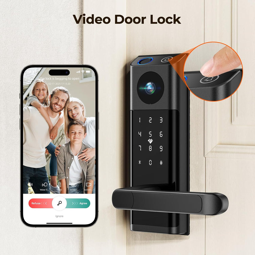 Video Smart Lock with Camera & Doorbell, 5 - in - 1 Keyless Entry Door Lock with Handle, Fingerprint+Keypad Code+App Remote Control+IC Card, Auto Lock, Wi - Fi Smart Deadbolt for Front Door, Apartment - 7DAY'S