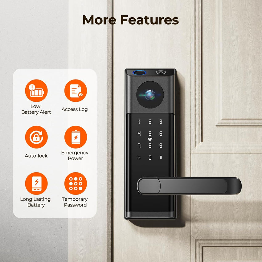 Video Smart Lock with Camera & Doorbell, 5 - in - 1 Keyless Entry Door Lock with Handle, Fingerprint+Keypad Code+App Remote Control+IC Card, Auto Lock, Wi - Fi Smart Deadbolt for Front Door, Apartment - 7DAY'S