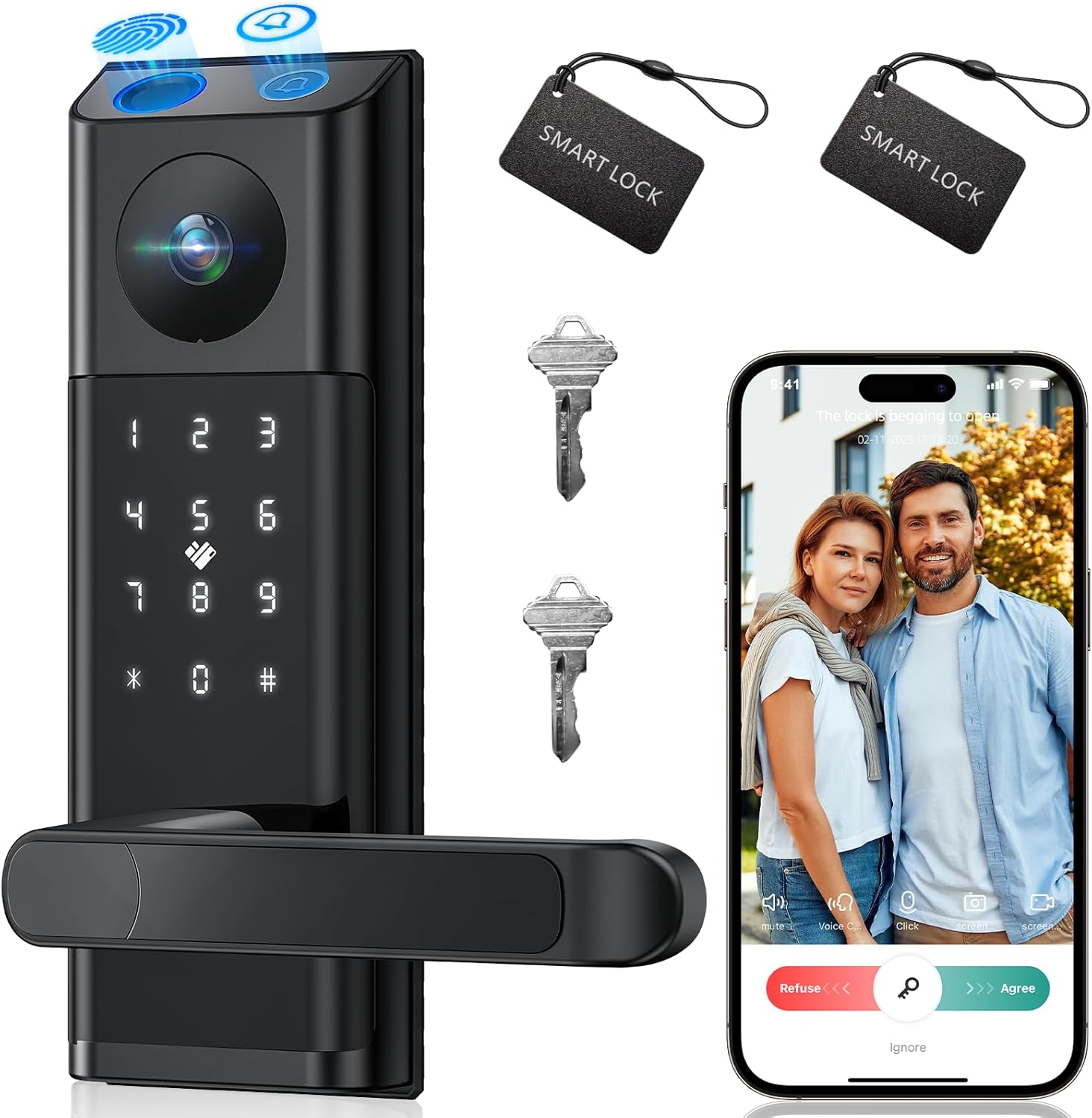 Video Smart Lock with Camera & Doorbell, 5 - in - 1 Keyless Entry Door Lock with Handle, Fingerprint+Keypad Code+App Remote Control+IC Card, Auto Lock, Wi - Fi Smart Deadbolt for Front Door, Apartment - 7DAY'S