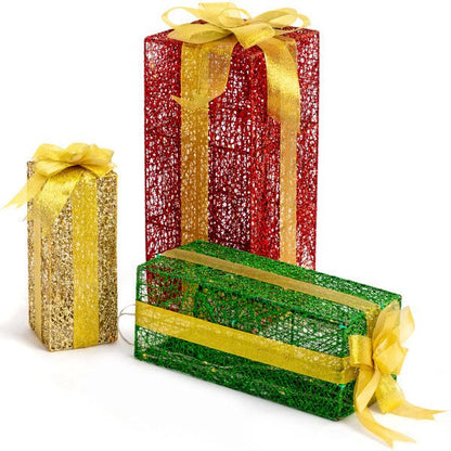 VINGLI Lighted Gift Boxes Set of 3, Pre - lit Nestable Present Boxes Ornament with 90 LED Warm White Lights and Stakes for Christmas Outdoor Indoor Decorations Lighted Holiday Displays - 7DAY'S