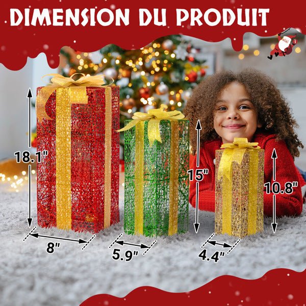 VINGLI Lighted Gift Boxes Set of 3, Pre - lit Nestable Present Boxes Ornament with 90 LED Warm White Lights and Stakes for Christmas Outdoor Indoor Decorations Lighted Holiday Displays - 7DAY'S