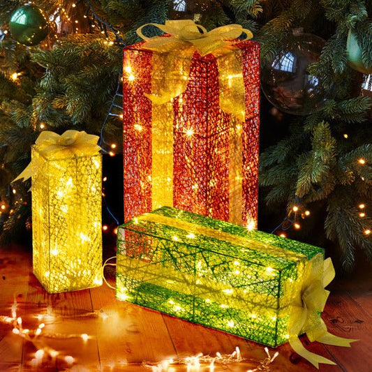 VINGLI Lighted Gift Boxes Set of 3, Pre - lit Nestable Present Boxes Ornament with 90 LED Warm White Lights and Stakes for Christmas Outdoor Indoor Decorations Lighted Holiday Displays - 7DAY'S