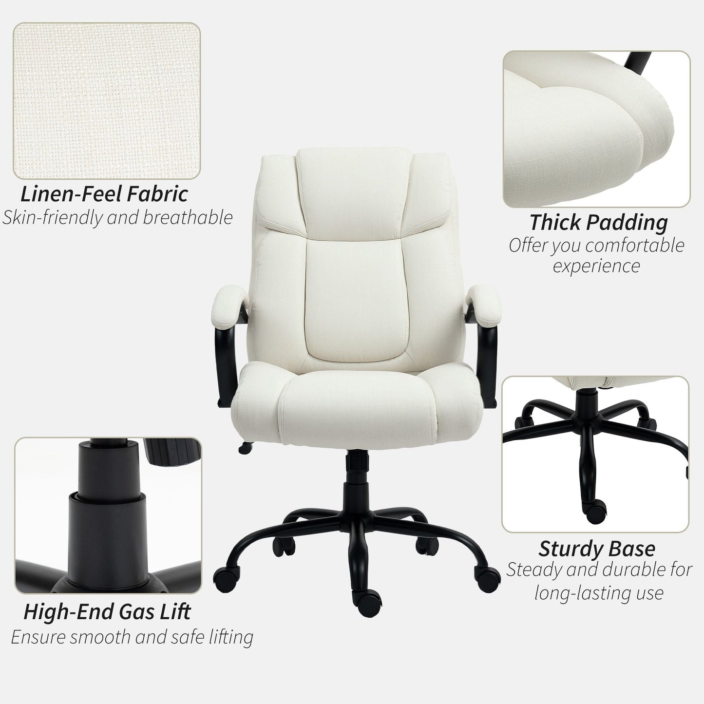 Vinsetto High Back Office Desk Chair, 485lbs Heavy Duty Desk Chair with Swivel Wheels, Cream White - 7DAY'S