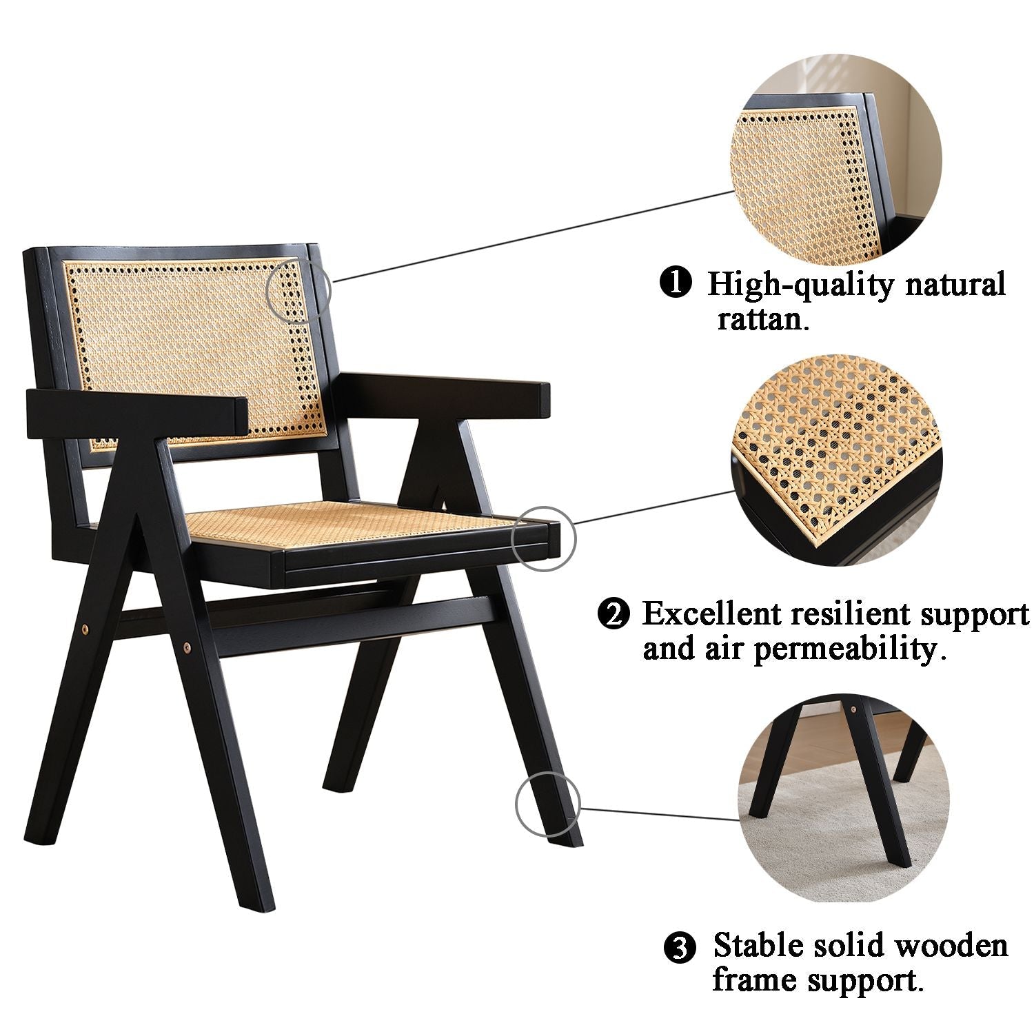 Vintage Solid Wood Rattan Chair, Arm Chair,Dining Chiar, For Dining Room, living Room, Outdoor, Natural - 7DAY'S