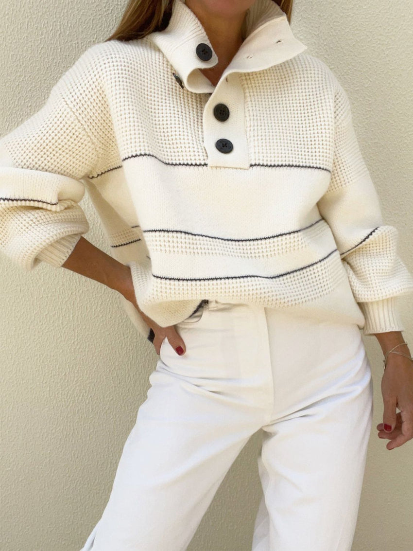 Waffle - Knit Half Button Long Sleeve Sweater - 7DAY'S