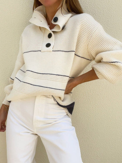 Waffle - Knit Half Button Long Sleeve Sweater - 7DAY'S
