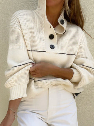 Waffle - Knit Half Button Long Sleeve Sweater - 7DAY'S