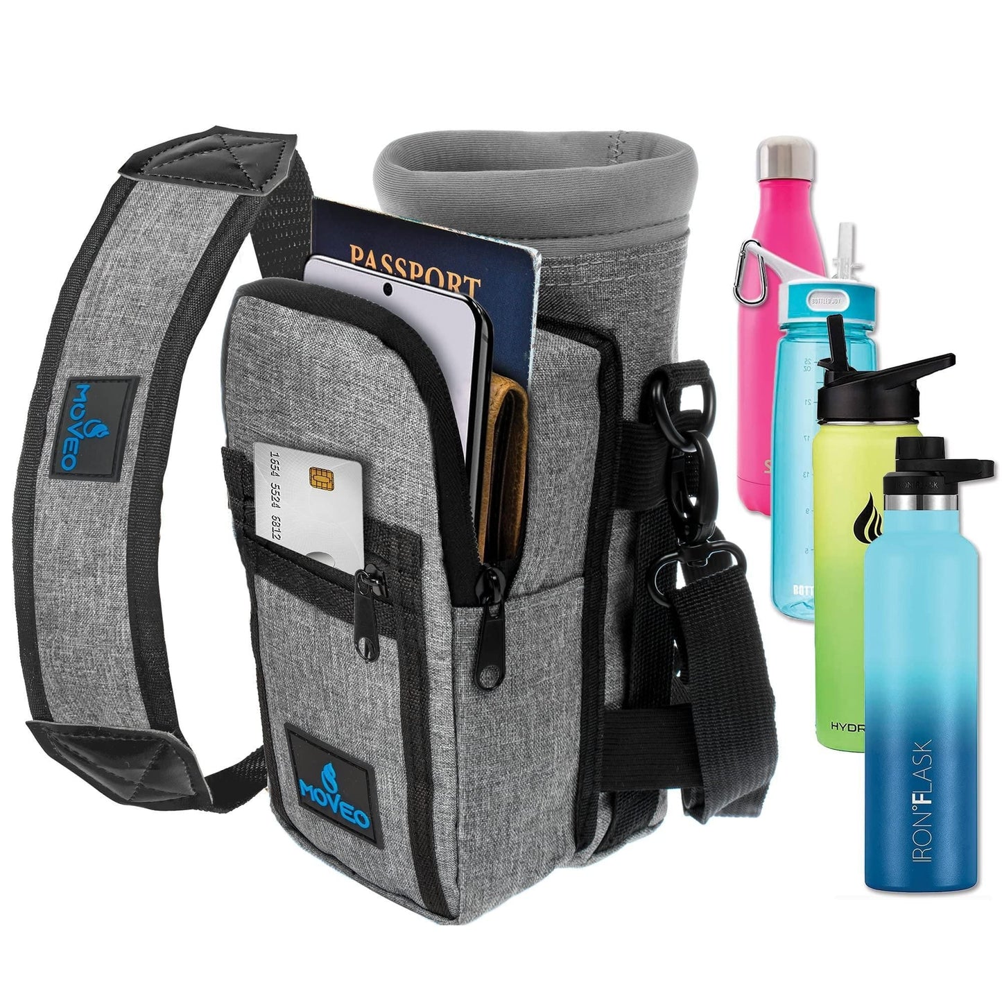 Water Bottle Holder Carrier Bottle Cooler with Adjustable Shoulder Strap and Front Pockets Suitable for 16 oz to 25oz Bottles - 7DAY'S