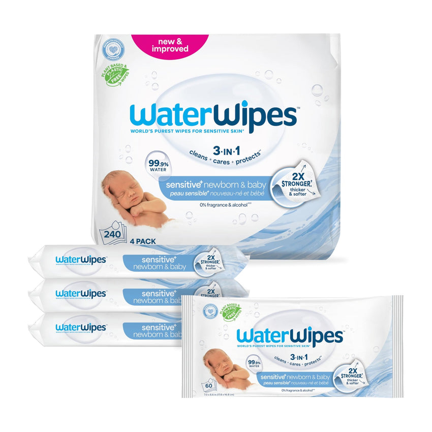 WaterWipes Sensitive+ Newborn & Baby Wipes, 3 - In - 1 Cleans, Cares, Protects, 99.9% Water, Unscented & Hypoallergenic, 720 Count (12 Packs) - 7DAY'S
