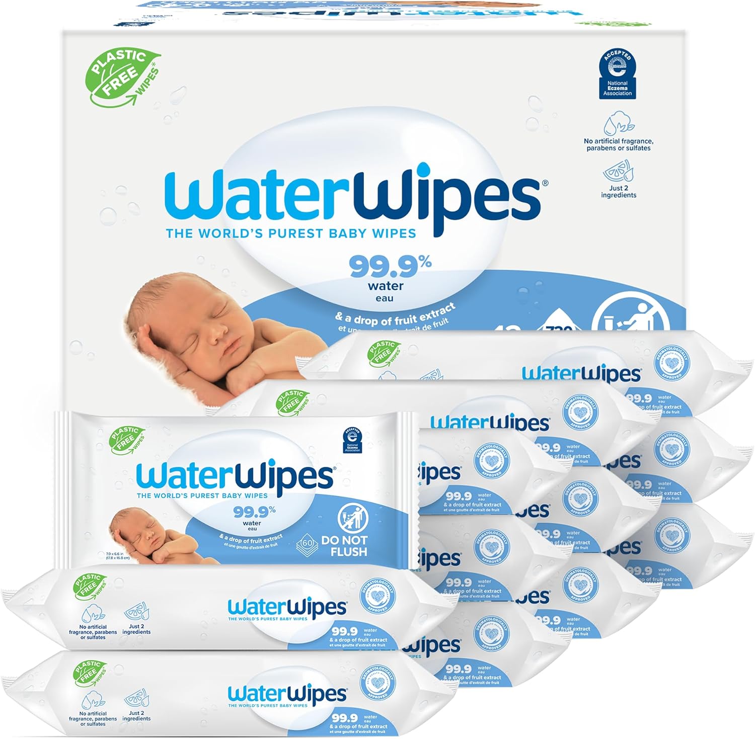 WaterWipes Sensitive+ Newborn & Baby Wipes, 3 - In - 1 Cleans, Cares, Protects, 99.9% Water, Unscented & Hypoallergenic, 720 Count (12 Packs) - 7DAY'S